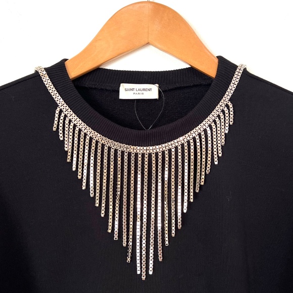 $1495 Saint Laurent Cotton Jersey Top with Necklace embellishment Black - Picture 9 of 10